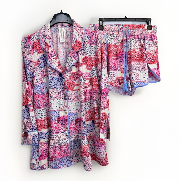 Anthropologie Other - Anthropologie Olivia Wendel Flannel Sleep Set M Dog Print Tiered Long Top Shorts